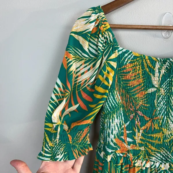 Betsey Johnson Maxi Dress Small Green Palm‎ Leaf Tropical Smocked Puff Sleeve - Image 6