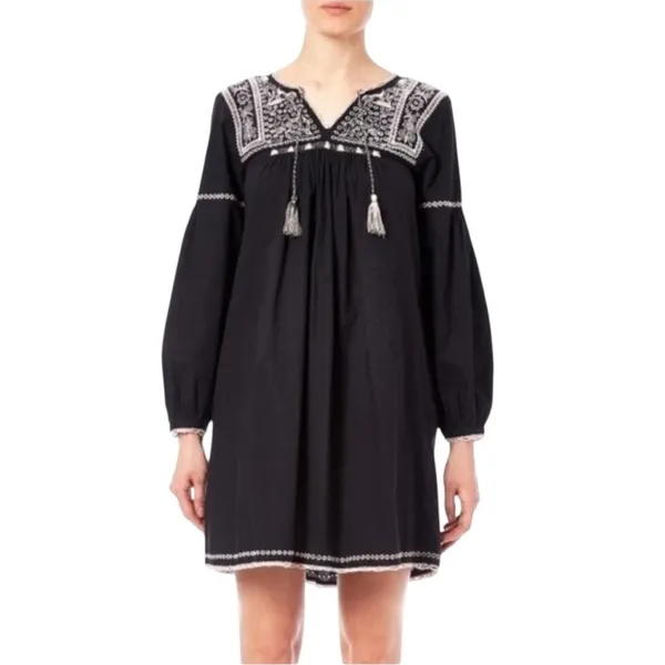 Ulla Johnson Boho Mira Black Pink Cotton Embroidered Tasseled Mini Dress Size 6 - Image 4