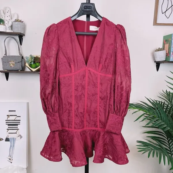 Keepsake the Label Wonderland Plum Red Lace Long Sleeve V Neck Ruffle Mini Dress - Image 2