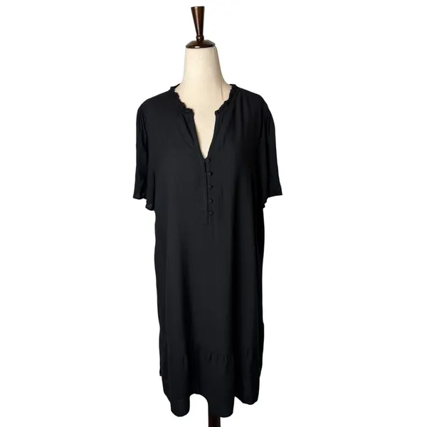 J Jill Shift Dress Women Medium Black Ruffle Neck Modal Rayon Tiered Minimalist‎ - Image 2