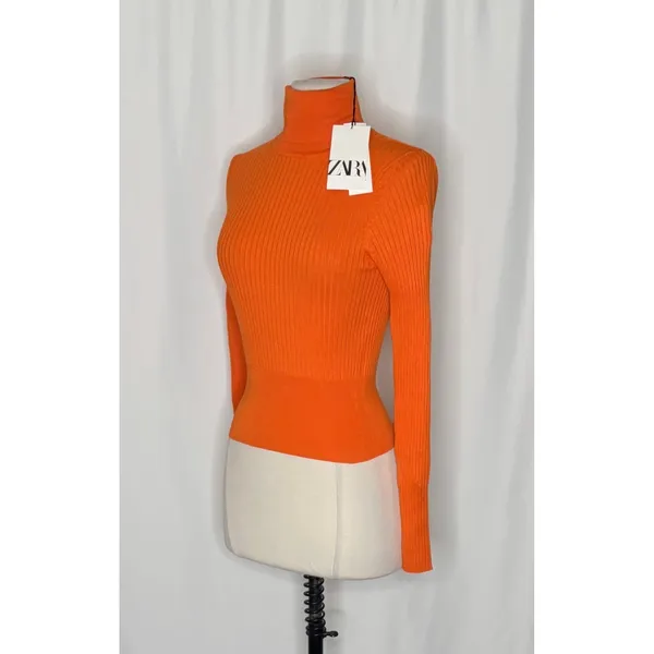 NWT!! ZARA Ribbed Turtleneck Sweater Bright Orange Fitted Knit Cropped Small - Image 7