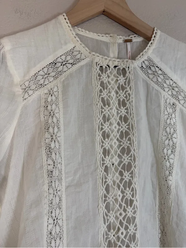 Free People Without You Lace Crochet Panel Ivory Peasant Blouse XS $148 - Image 11