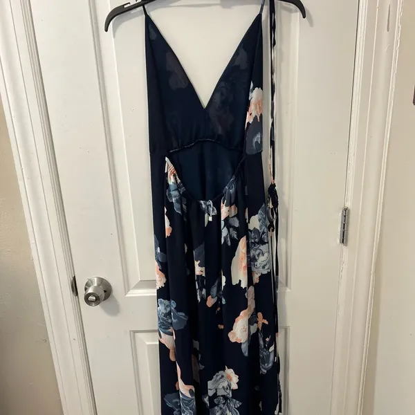Simplee Floral Halter Maxi Dress Womens Medium Navy Blue Pink Backless Sundress - Image 3