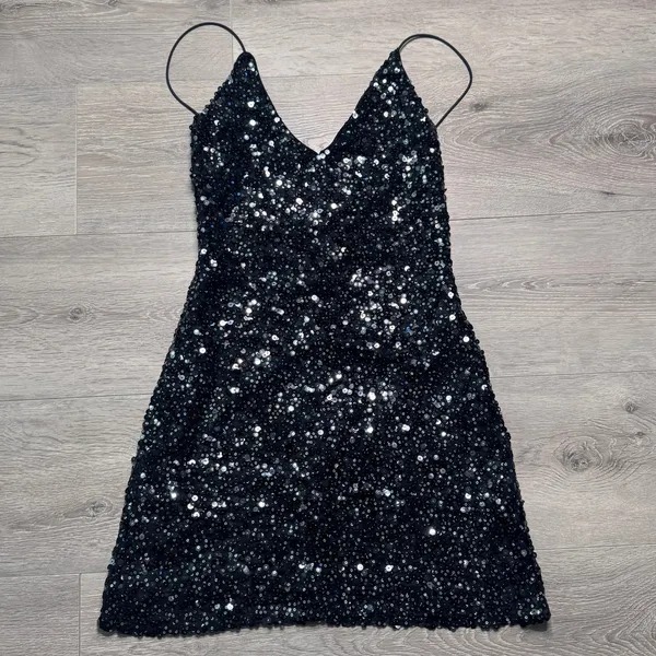 Lulus Force of Fashion Black‎ Sequin V-Neck Spaghetti Mini Dress Small S - Image 2