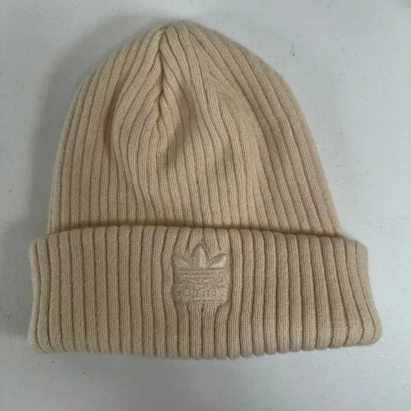 Adidas OS Beanie Cream Ribbed Knit Iridescent Trefoil Logo Winter Hat Streetwear - Image 7