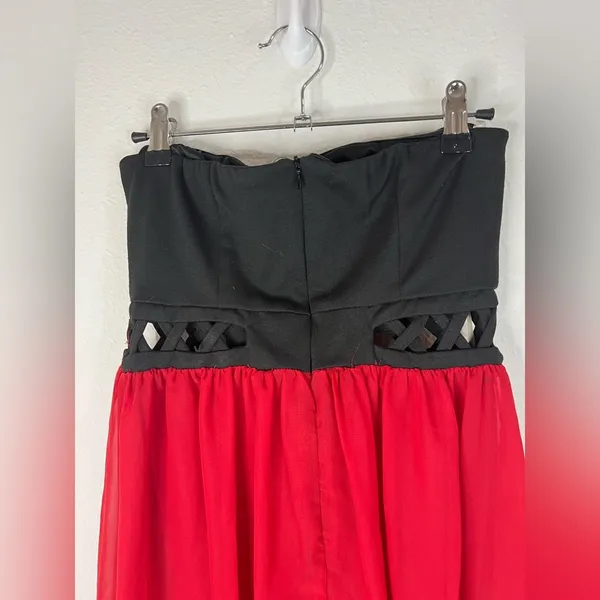 Mod Modele Strapless High Low Dress Small Black Red Chiffon Formal Party Gown - Image 10