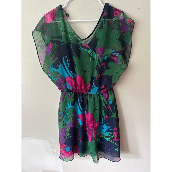 Express Women Green Tropical Floral Chiffon V-Neck Elastic Waist Mini Dress M - Image 2