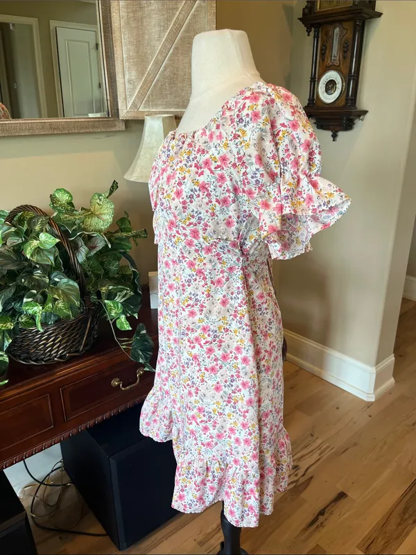 Floral Square-Neck Puff Sleeve Dress - White/Pink Ruffle Hem - Image 3