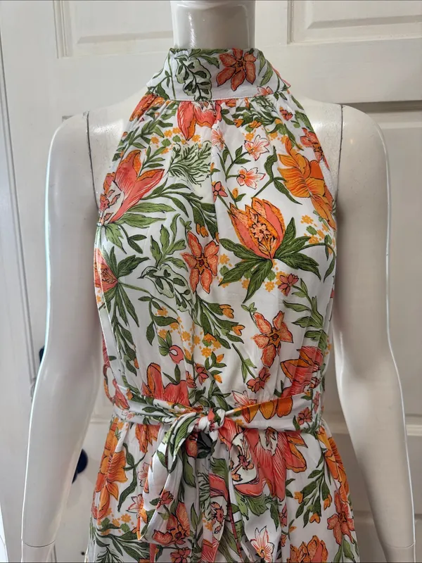 Petal&Pup Floral Halter Maxi Dress in White with Orange & Green Size 4 - Image 4
