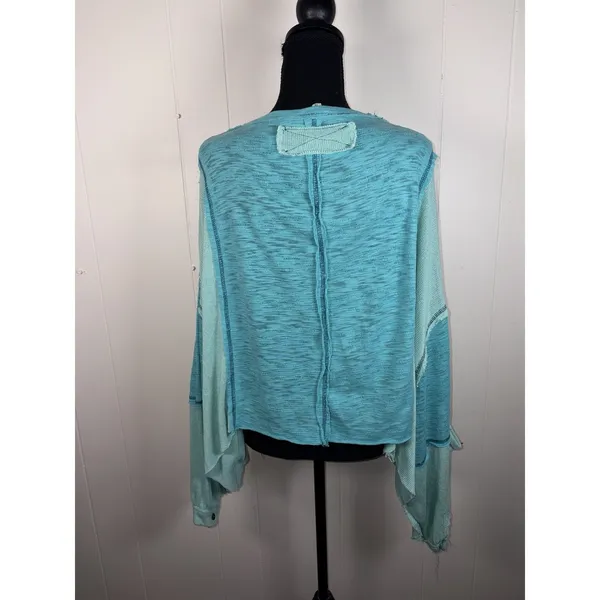 Pol Cropped Boxy Raw Edge Top Womens Blue Contrast Stitch Relaxed‎ Small - Image 2