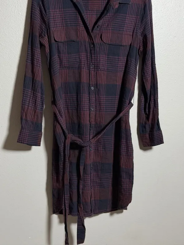 Loft‎ Women Purple/Black Plaid Long Sleeve Button Up Dress Belt size M Petite - Image 4