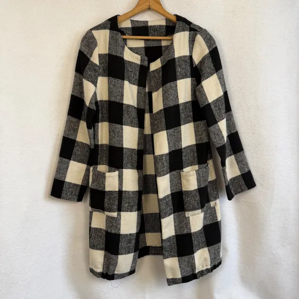 Buffalo Plaid Open Front Cardigan Coat Black‎ White Womens Large Office Preppy - Image 9