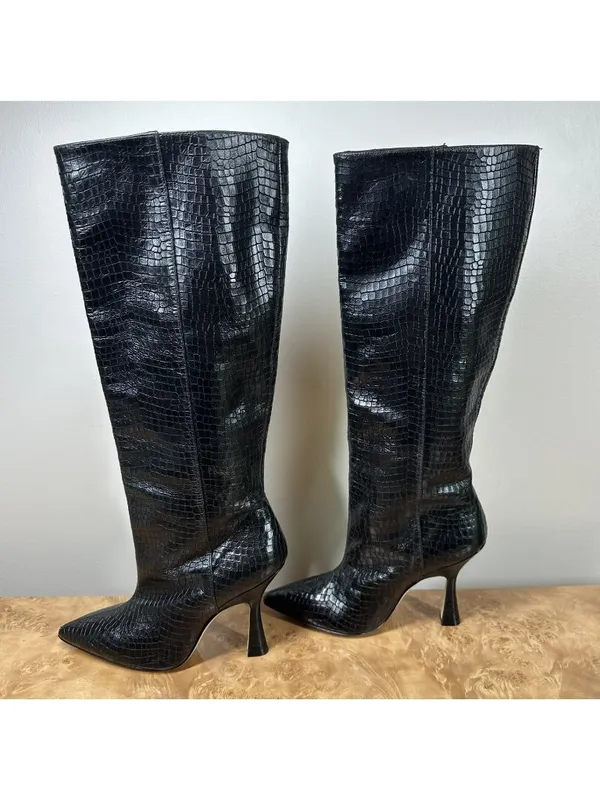 Stuart Weitzman Parton Black Croc Embossed Leather Knee High Boots Heels Size 5 - Image 5