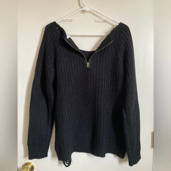 Ardene Black Rib Knit Distressed Ripped Hem Long Sleeve Sweater #Br - Image 10