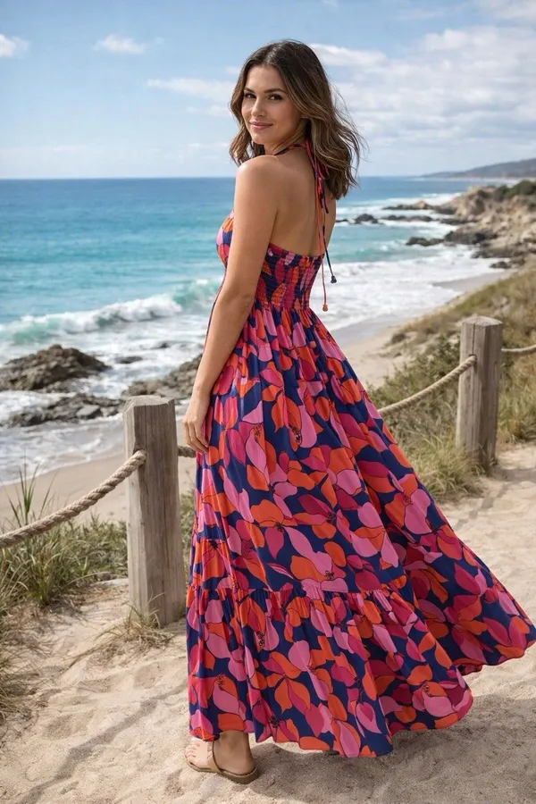 Abel The Label Floral Smocked Tiered Maxi Dress Medium Pink Tropical Coastal - Image 2