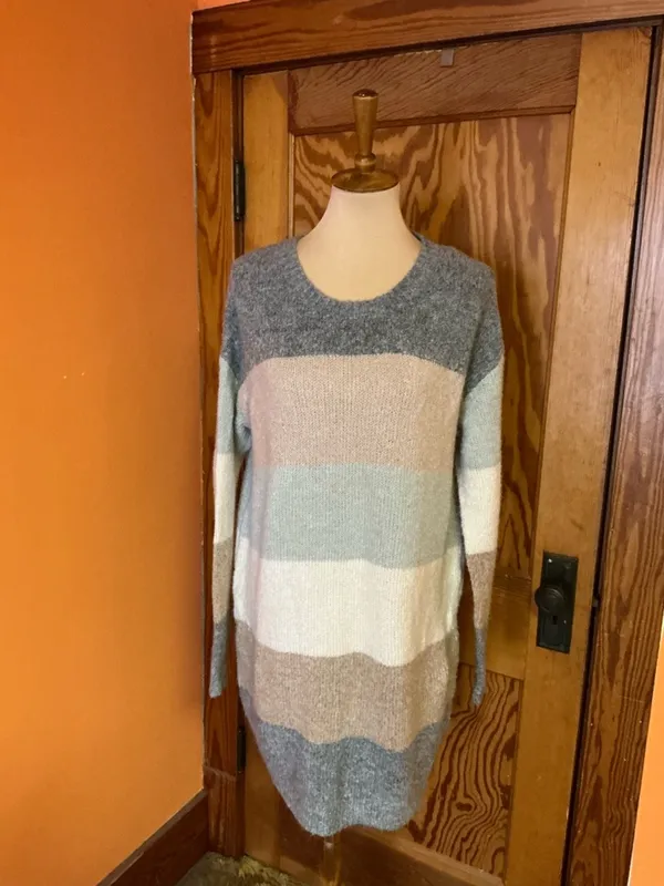 Entro Colorblock Sweater Dress Medium Soft Knit Cozy Neutral Striped Long Sleeve - Image 6