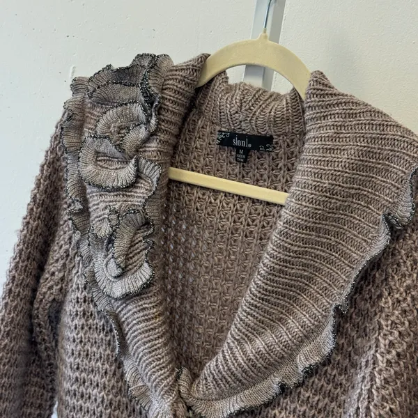 Sioni Taupe Ruffle Long Cardigan Sweater Mauve Knit Medium 90s Knee Length‎ - Image 6