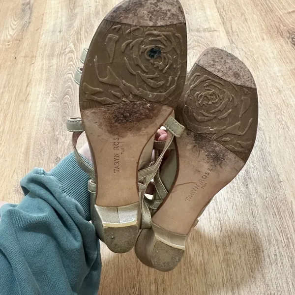 Taryn Rose | Gold‎ Metallic Strappy Low Wedge Slingback Heel Sandal Shoe, 7.5M - Image 6