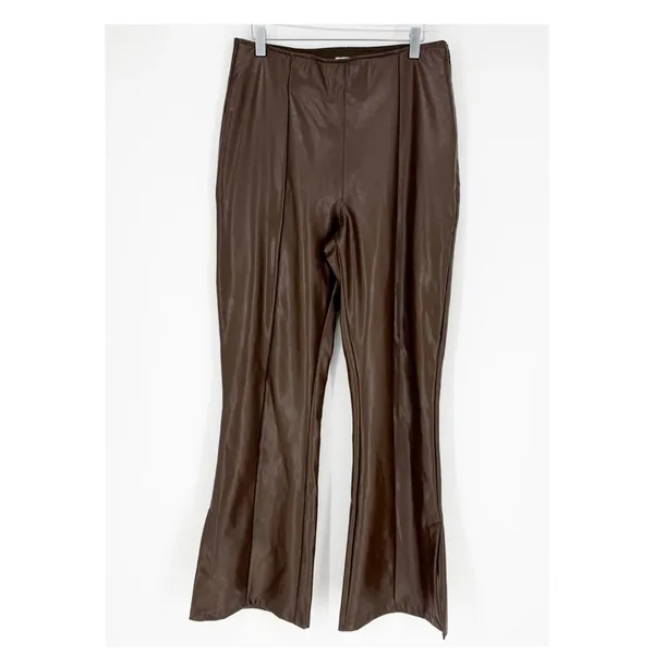 Abercrombie & Fitch Vegan Leather High Rise Slit Leg Flare Pants Women's L Brown - Image 2
