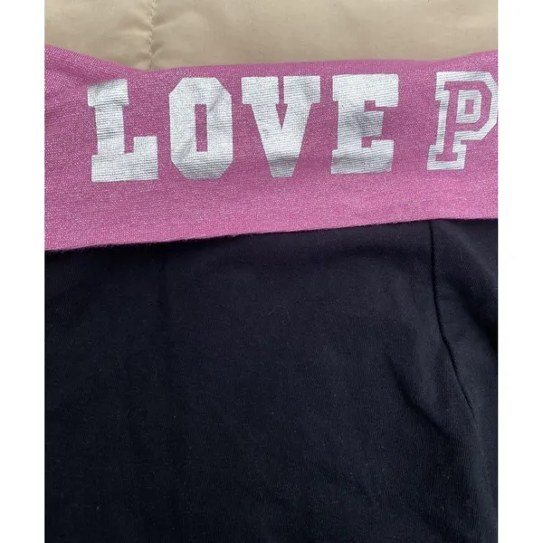 Y2K VS PINK M Foldover Black Flare Leggings Pink Silver Logo Low Rise Vtg - Image 8