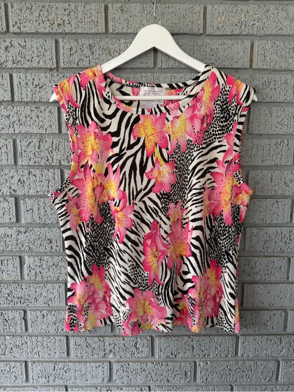 Vtg 90s Sleeveless Floral Zebra Print Tank Top Size XL Slinky Going Out Top - Image 2