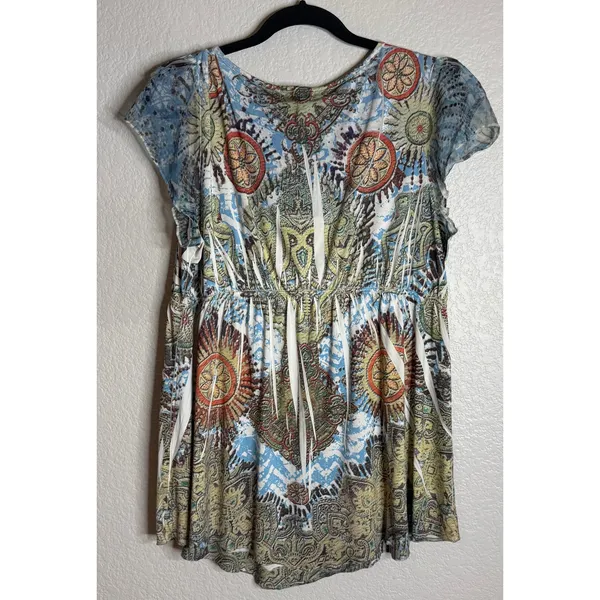 Live Let‎ Live Womens L Multicolor Tunic Top Paisley Rhinestone Babydoll Boho - Image 2