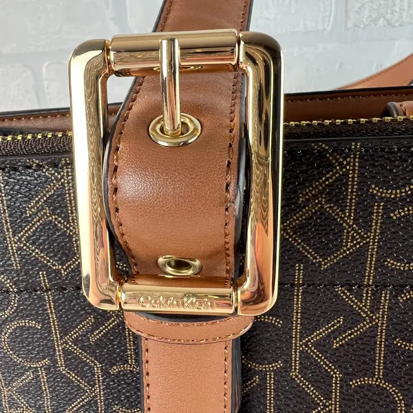 Calvin‎ Klein Signature Tote Shoulder Bag Brown CK Monogram Print Brown Leather - Image 4