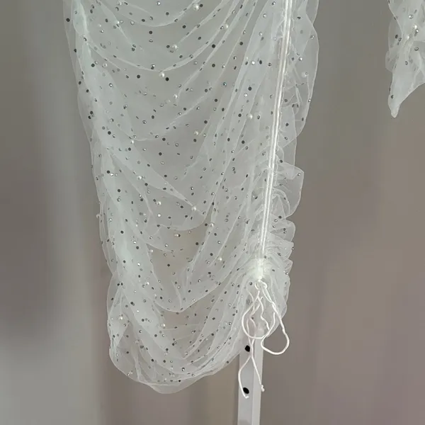 FOR LOVE & LEMONS White Puff Sleeve Sheer Tulle Dress Rhinestone Pearls Sz Med - Image 8