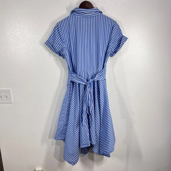 Ivy + Blu Striped‎ Shirt Dress Fit & Flare handkerchief hem Cotton Blue White 10 - Image 4