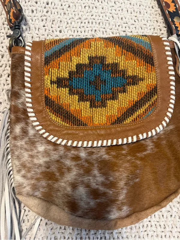 Myra Bag Brown Hair-on-Hide Crossbody with Multicolor Flap and Fringe - Image 4