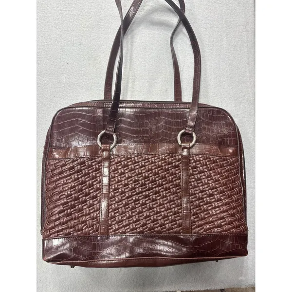 Coldwater Creek Laptop Tote Bag‎ Faux Croc Leather Woven Brown Shoulder Bag Work - Image 2