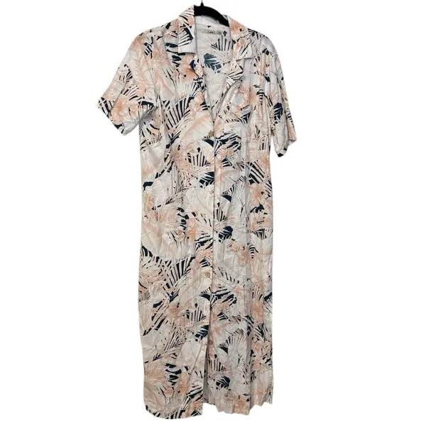 Faherty Pink White Linen Blend Pool Button Up Shirt Floral Midi Dress Size Small - Image 2