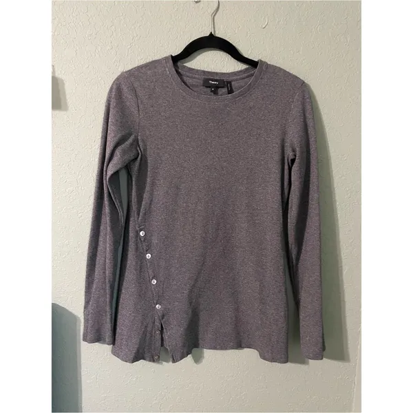 Theory Perry Ribbed Button Side Long Sleeve Tee Size Medium Heathered Gray - Image 3