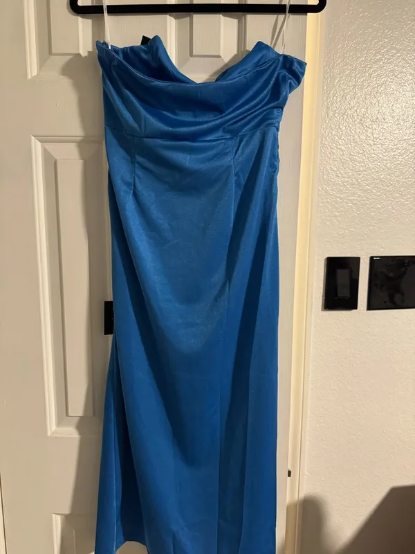 Lulus Elegant Status Bright Blue Knit Strapless Tulip Midi Dress - Image 6