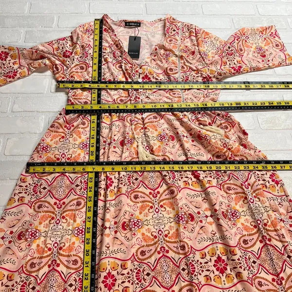 Sheilay Midi Dress Womens Large Pink Floral Tassel 3/4 Sleeve V-Neck‎ Summer NEW - Image 3