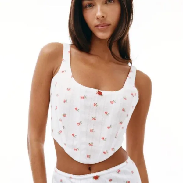 With Jean Cindy Corset Crop Top White Pointelle Rose Print Boning‎ Medium Womens - Image 3