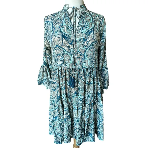 Paani Teal Paisley Tiered Babydoll Dress Flowy‎ Vneck Tassle High Waisted Flowy - Image 2