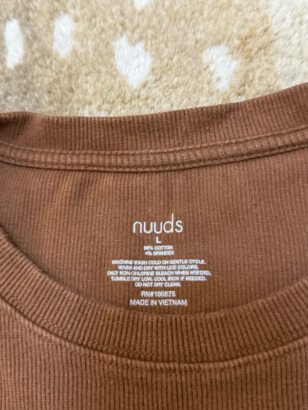 nuuds Long Sleeve Ribbed Crewneck Bodysuit L Brown Cotton Thong Snap - Image 3
