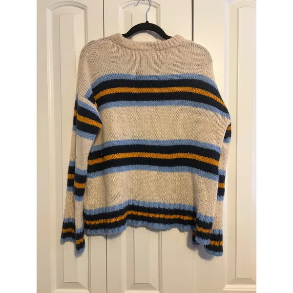Urban Outfitters Striped Crew Neck Sweater Cream‎ Blue Yellow Navy M Medium - Image 5
