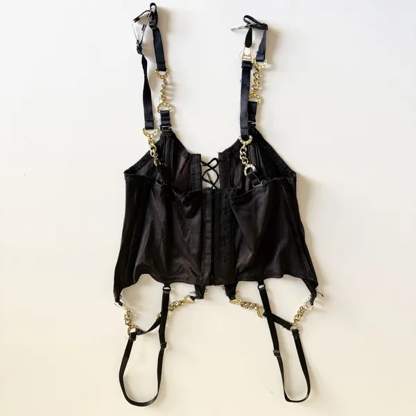 Vintage Womens Black Satin Chain Link Garter Belt Bondage Rave Goth Punk Corset - Image 7