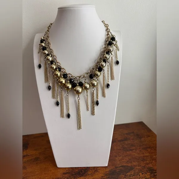 Gold-Tone Black Beaded Fringe Bib Statement Necklace – Chunky Chain - Image 5