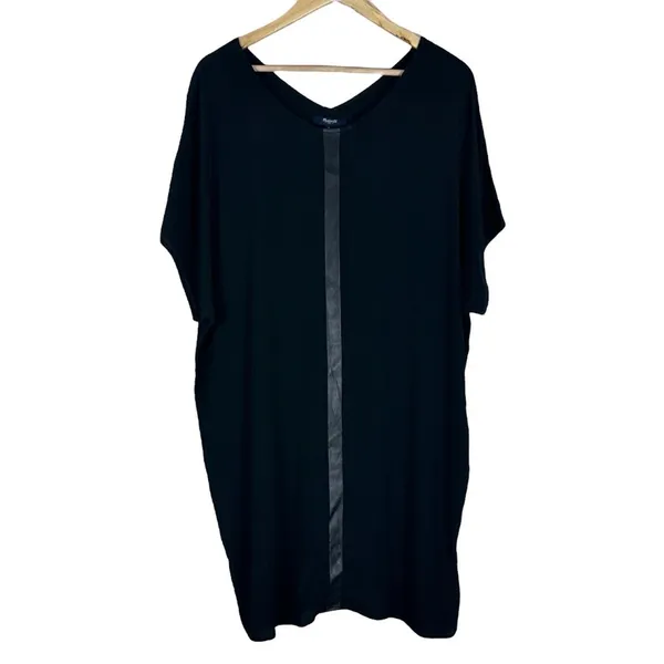 Madewell Leather Edged Easy Shirt Shift Mini Dress Solid Black Edgy LBD Size M - Image 3