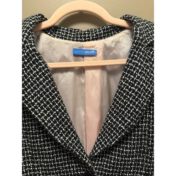 90s/Y2K dELiA*s Black White Tweed Blazer‎ Jacket Pink Lining XL - Image 2