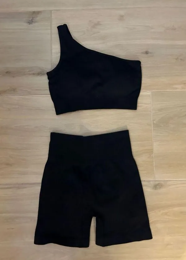 NEW 2 Pc Ribbed 1 Shoulder High Waist Shorts & Sports Bra S - Image 4