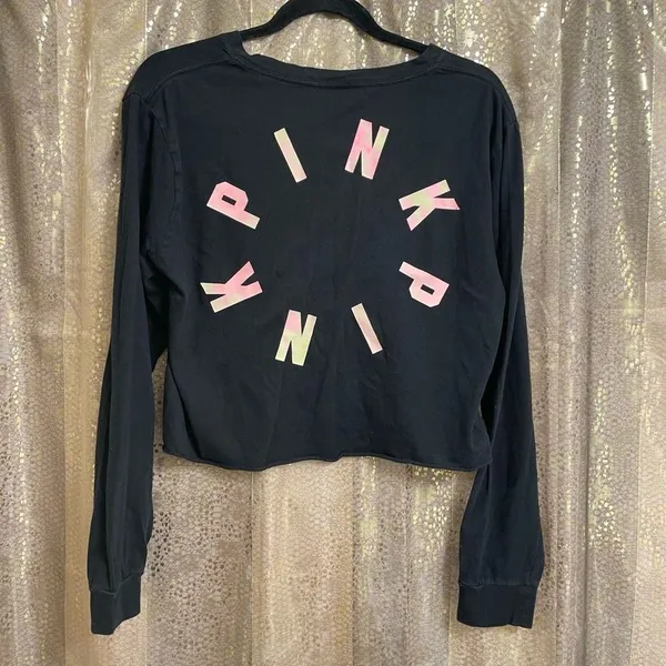PINK Victorias Secret Black Pink Logo Cropped Long Sleeve Top, M - Image 2