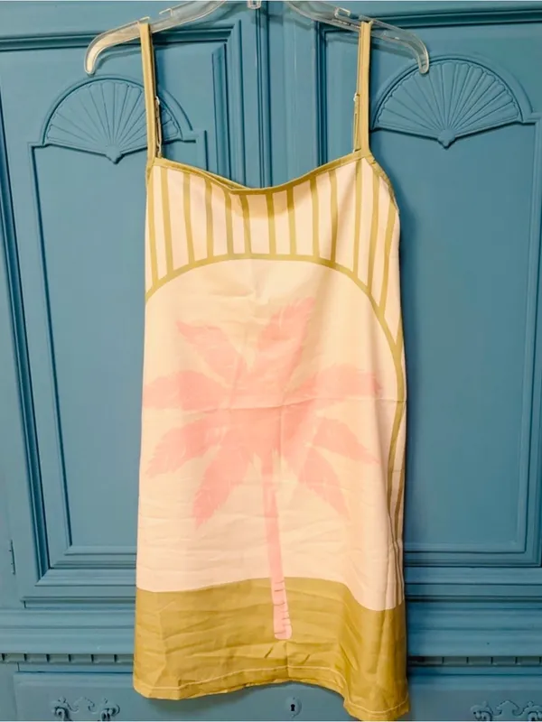 Shein Green & Cream Cabana Striped Pink Palm lightweight Beach Dress - Image 3
