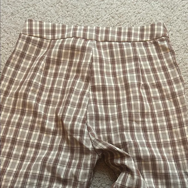 SHEIN Women’s Plaid Chino Pants Brown Cream Straight Leg Trousers - Image 3