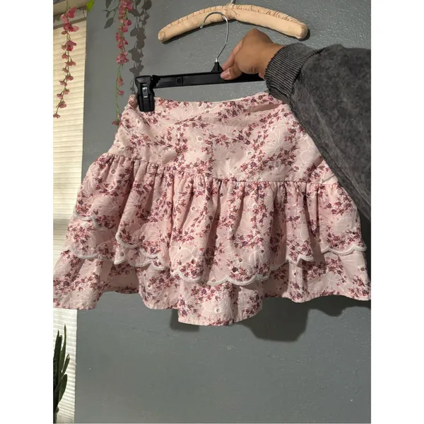 Pink Floral Eyelet Lace Ruffle Mini Skirt Cottagecore Coquette Romantic - Image 2