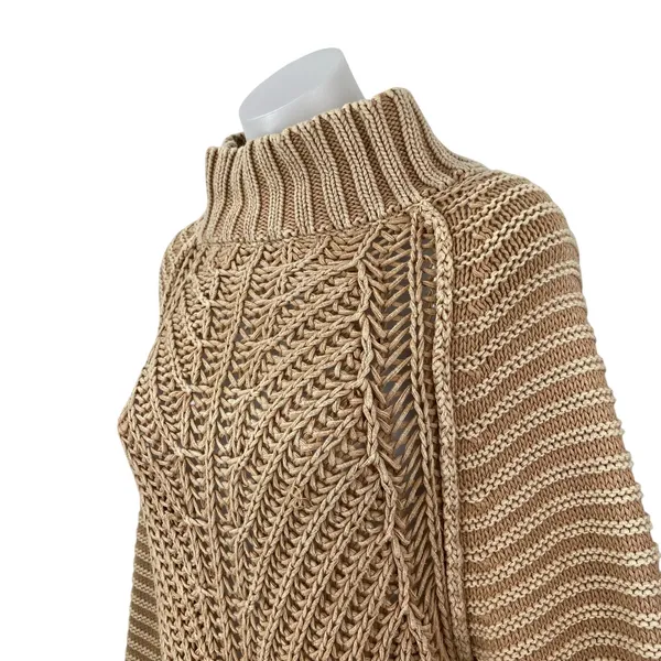 Free People Sweetheart Beige Chunky Knit Mock Neck Balloon Sleeve Sweater Top S - Image 3