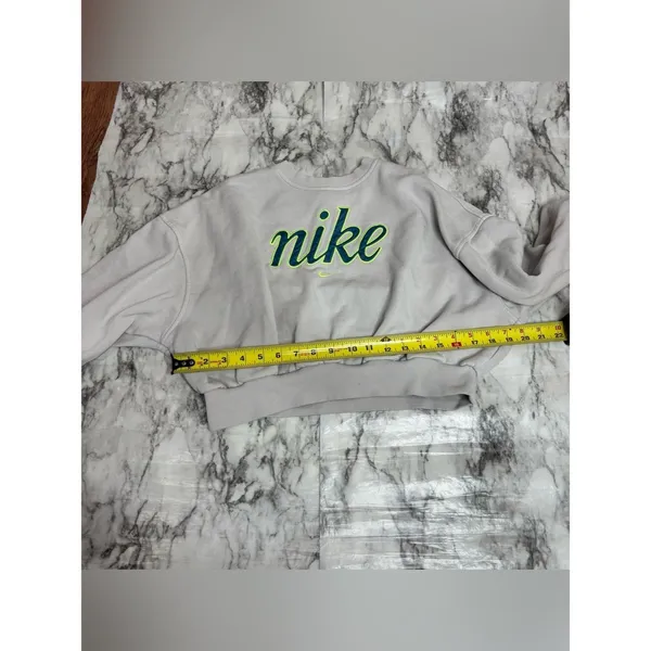 Nike off White Cropped Crew Sweatshirt Neon Green Navy logo spell out medium - Image 7